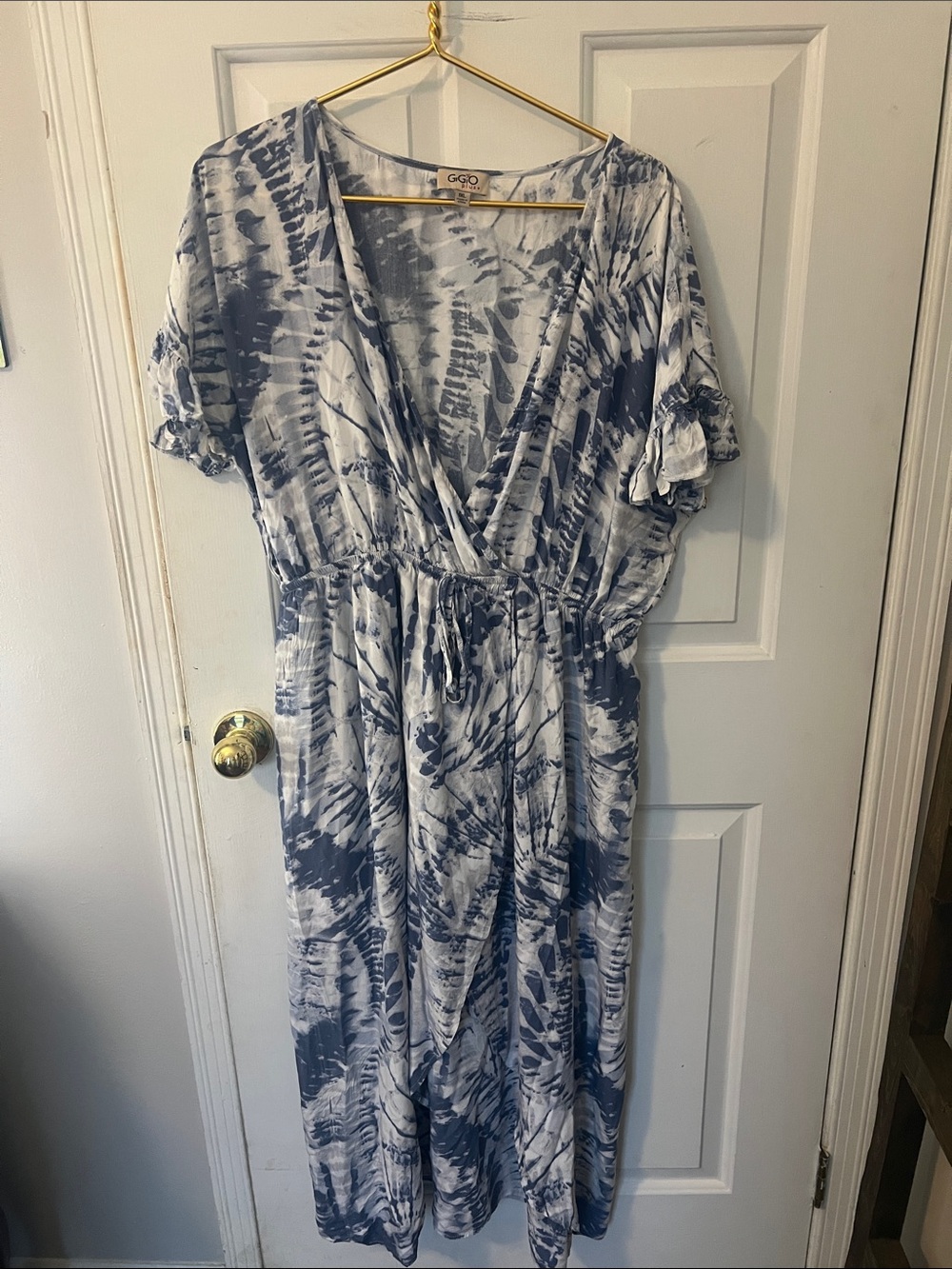 Tie-Dye Blue and White Maxi Dress with Drawstring Waist